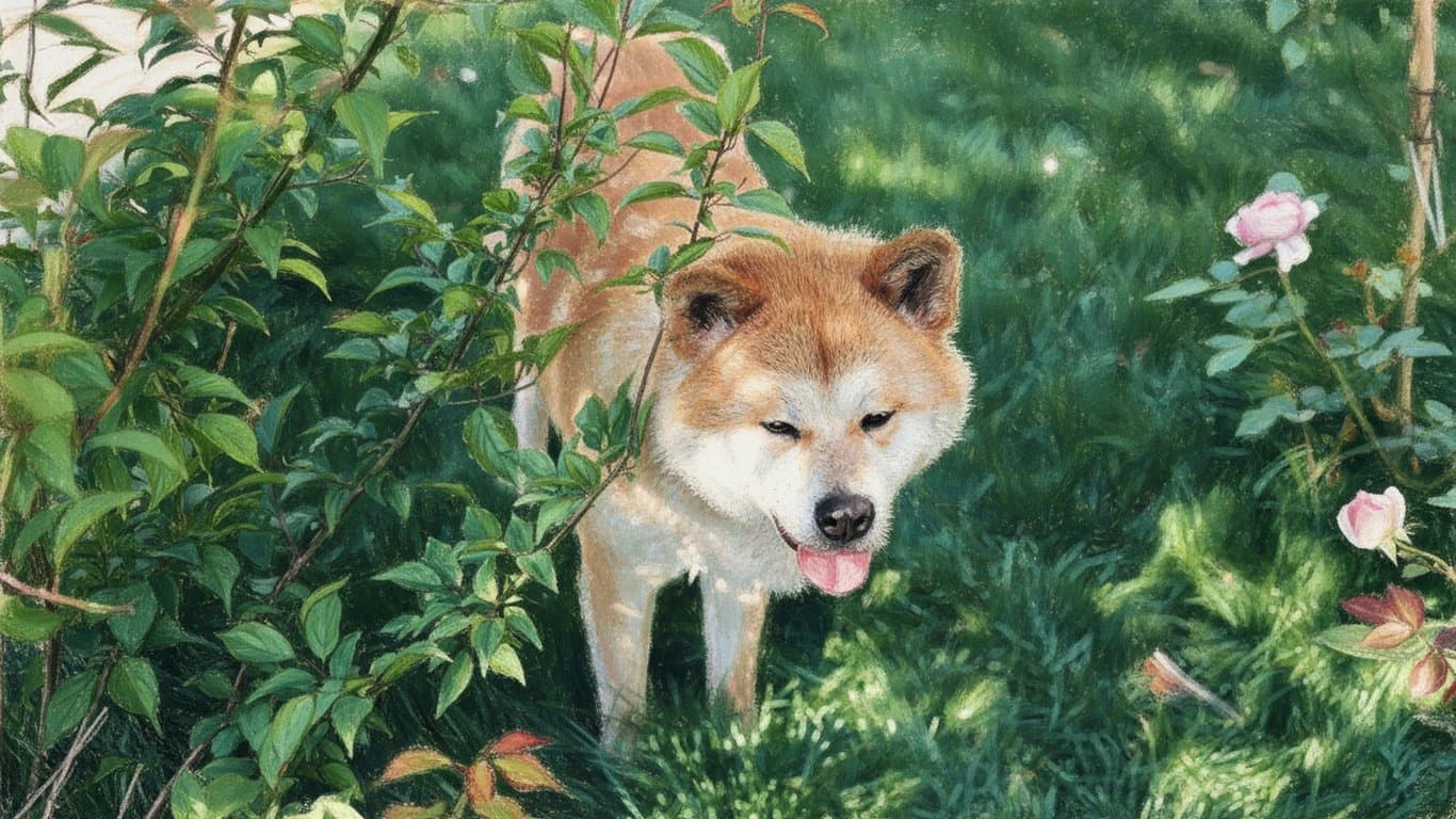 A portrait of a dog rendered in an AI crayon art style, with the waxy, translucent build-up of color where strokes overlap, textured paper effect.