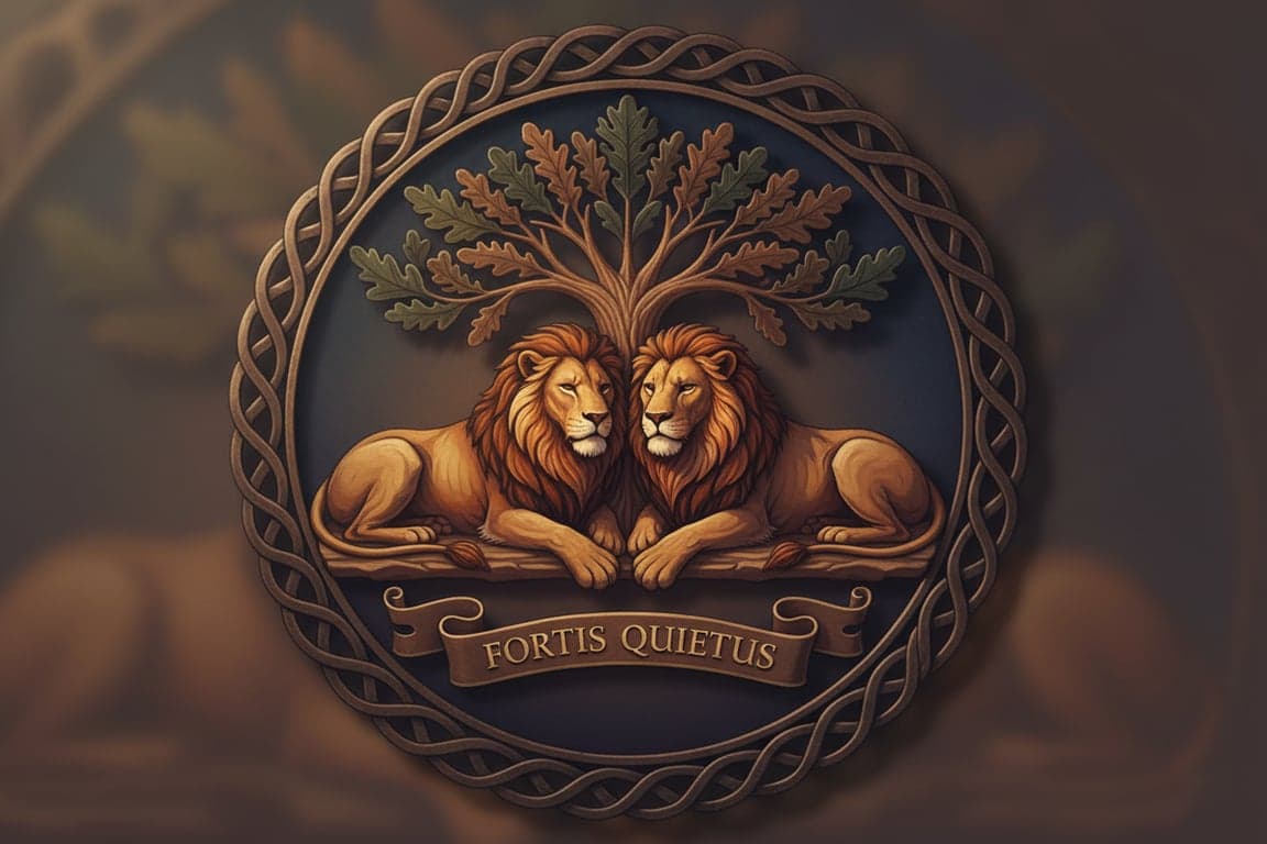 Design a crest that reflects quiet strength and deep bonds, using the intimate, low-light contrasts and warm shadow tones of the evening living room photo. Feature a pair of protective lions resting in repose.