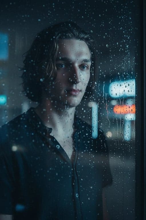A moody cinematic portrait with cool tones, deep blue shadows, metallic sheen on skin, rain-soaked window reflection, dramatic and atmospheric.