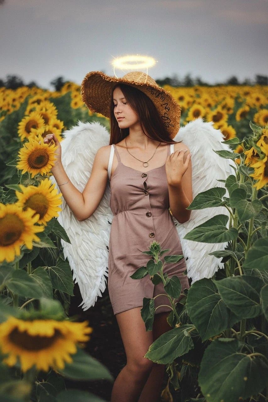 AI angel filter after transformation - portrait with glowing angel wings and halo