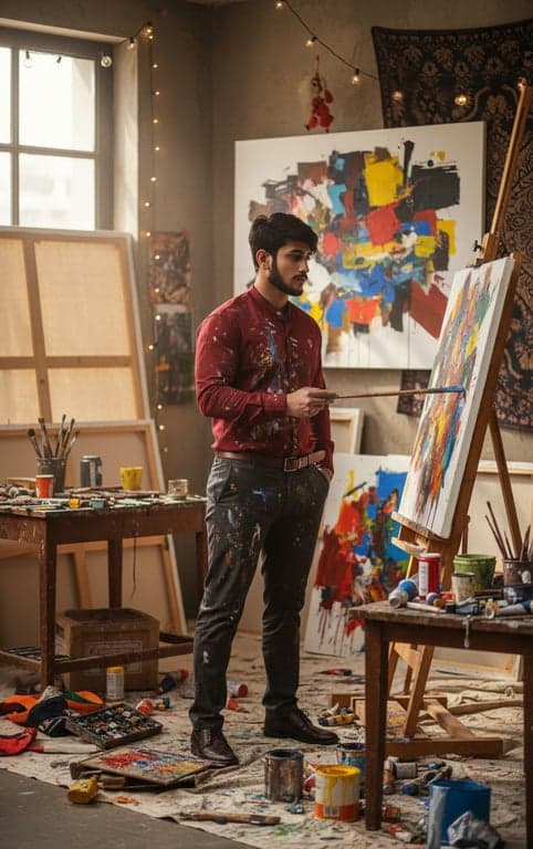 A creative artist man in a paint-splattered shirt, standing in his messy studio, holding a brush, with abstract art visible in the background, bohemian atmosphere.