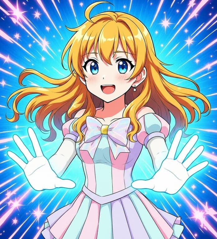 a portrait of a person enhanced with classic magical girl transformation visuals, dressed in a clean anime magical outfit featuring a structured bodice, short flared skirt, ribbon details, gloves, boots, glowing aura, and soft cinematic anime lighting