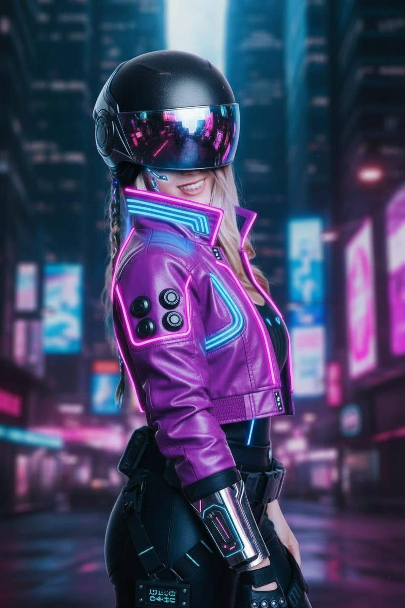 Woman in futuristic neon jacket and visor helmet standing in a cyberpunk city with glowing purple and blue accents.