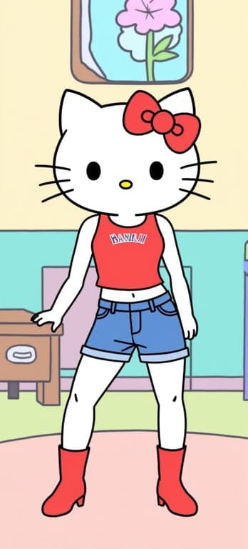 Translate the original person from the photo into the Hello Kitty animation world by strictly following Sanrio character proportions. Preserve the original pose, head orientation, hairstyle outline, and outfit silhouette, but redraw the character with an oversized rounded head occupying roughly two-thirds of the total character height, a very small oval body, extremely short rounded arms and legs, and simplified anatomy. Replace the face with a canonical Hello Kitty–style cat face featuring small black dot eyes, a yellow oval nose, no mouth, and short whiskers. Render the character in pure flat pastel color blocks with thick, even black outlines and no shading, gradients, or texture. Place the character in a simple Sanrio TV-animation background with flat perspective, rounded furniture or scenery, and minimal detail so the result matches official Hello Kitty animation proportions rather than an illustration or parody style.