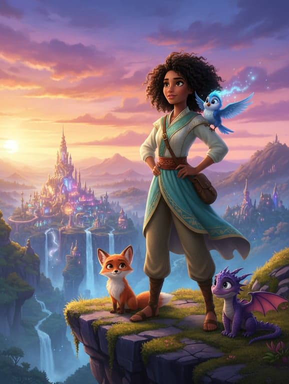 A hopeful young heroine with large expressive eyes, standing on a cliff edge overlooking a magical kingdom at sunset, surrounded by cute animal sidekicks, in vibrant Disney animation style.