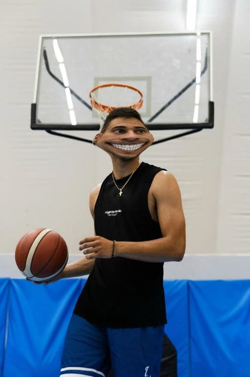 AI ugly filter after photo- funny man playing basketball