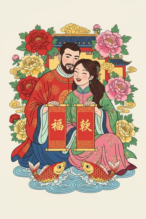 a family portrait in nianhua style, bright colors, clear outlines, symbolic elements like peonies and carps, holding banners with Chinese characters for good fortune.