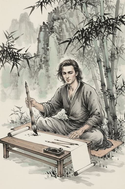 a portrait of a man practicing calligraphy under a grove of bamboo, xieyi ink style, energetic brushstrokes for bamboo, splashed ink background, scholarly atmosphere.