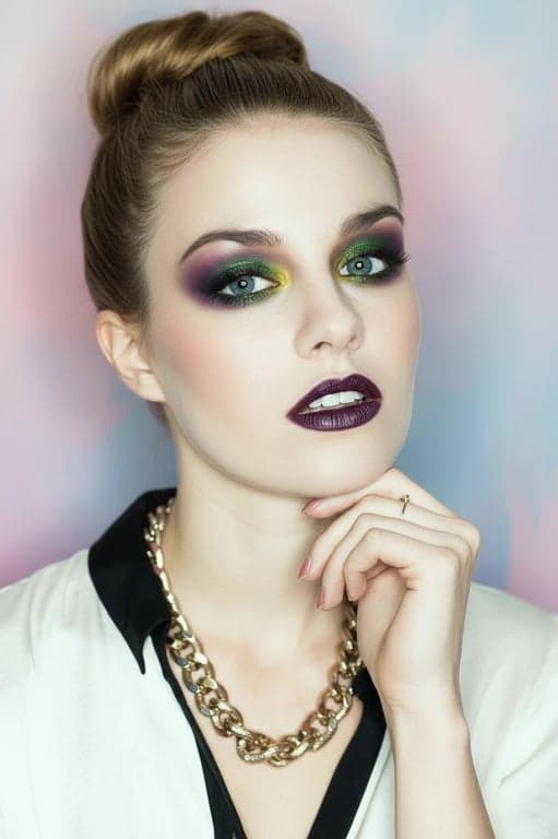 A beauty editorial portrait of a woman, flawless yet realistic skin, emphasized eyes and lips, artistic color palette, soft diffused light, high-fashion aesthetic.