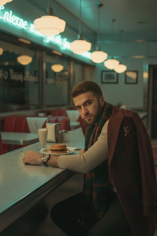 a portrait of a man at a diner counter, 50s diner photo style, warm ambient lighting with neon sign glow, fine grain texture, slight green shadow tint.
