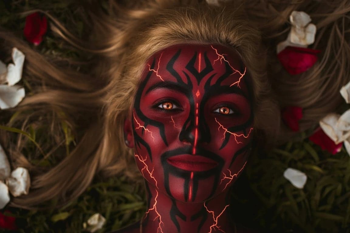 ai-demon-filter after pic - subtle demon face paint with glowing cracks and red eyes