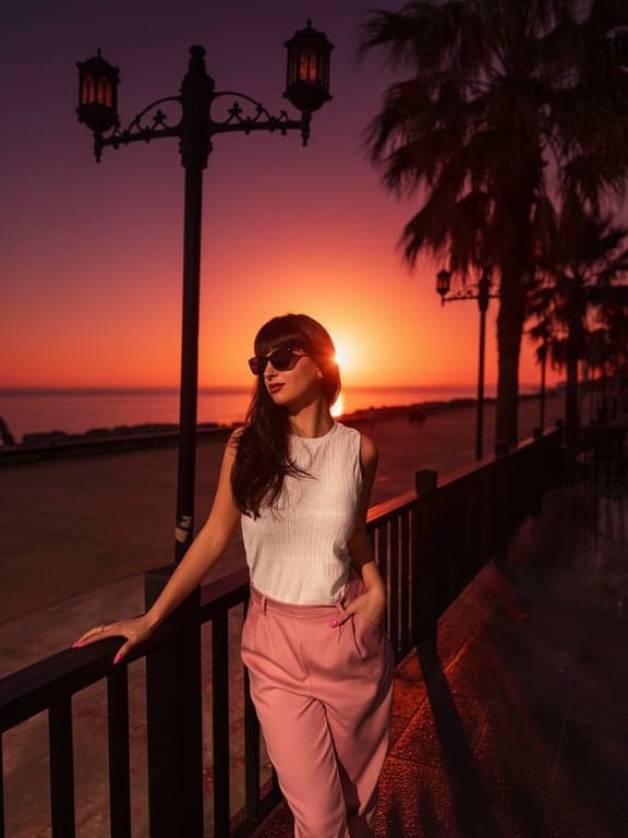 A beach sunset photo where the existing sun is enhanced to be larger and more dramatic, with intensified reflection on the water and richer sunset colors.