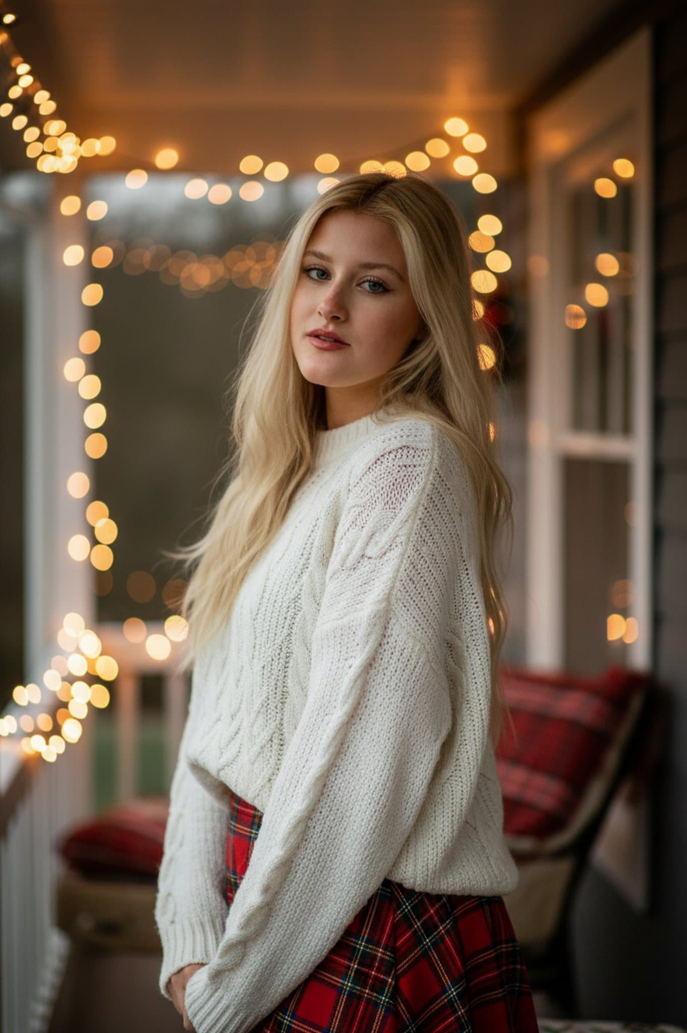 A woman in a white cable knit sweater and red plaid skirt standing on a porch decorated with warm holiday lights.