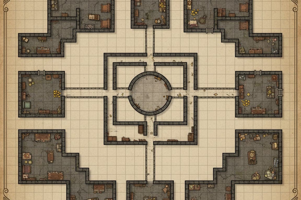 a town map with distinct districts, navigable streets, central gathering areas, and clearly marked key buildings for roleplay-heavy sessions