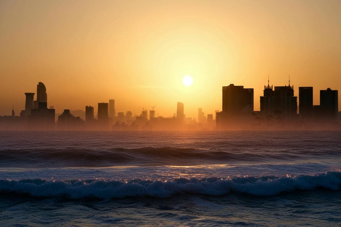 A photo of a city skyline at dusk seamlessly blending into a photo of ocean waves, with the buildings fading into the water, color gradient transition.