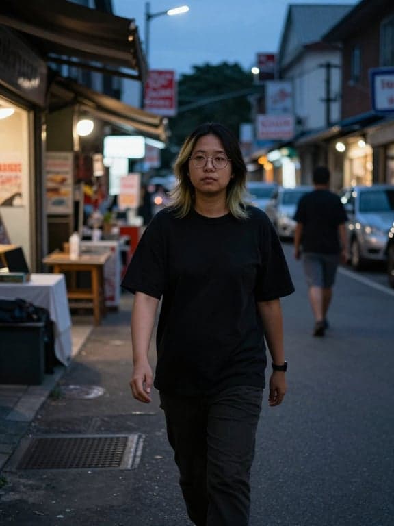 Rebuild this walking candid as...