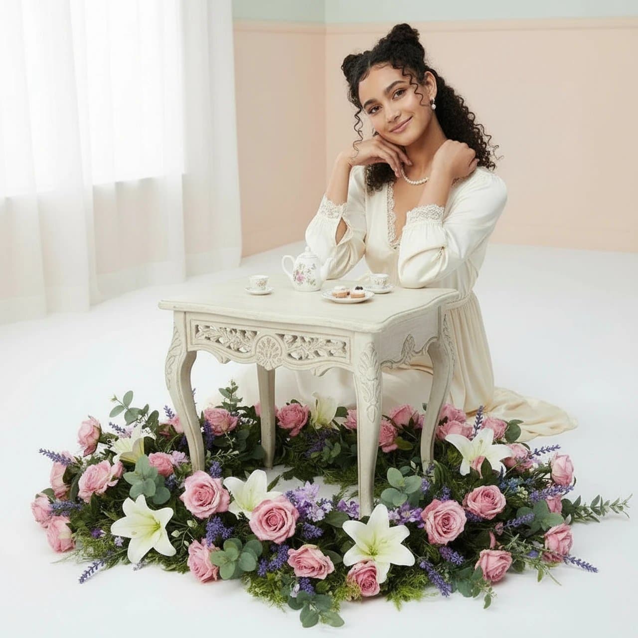 Tea Party Outfits filter after transformation - portrait of child in pastel tea party outfit in cozy garden corner