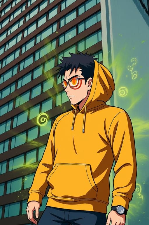 a portrait of a person in Naruto's Sage Mode, with orange pigment around the eyes, natural energy aura, and a calm expression