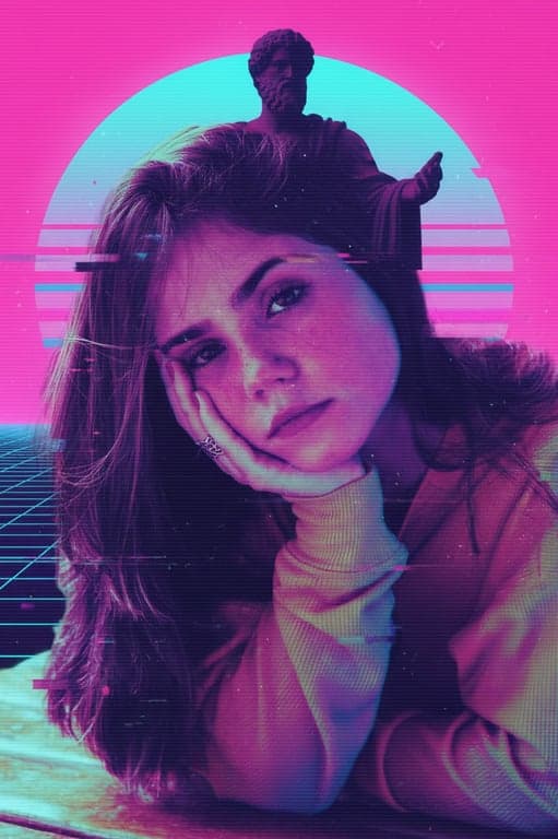 a portrait of a person transformed with a Vaporwave filter, featuring a retro pink and cyan gradient sunset, digital glitch effects, and a classical statue silhouette