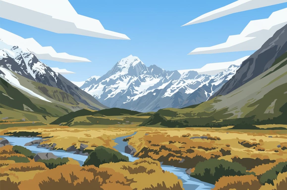 a mountain and lake landscape vectorized, defined by layered flat shapes for sky, mountains, forest, and water, in a cohesive color palette with sharp edges.