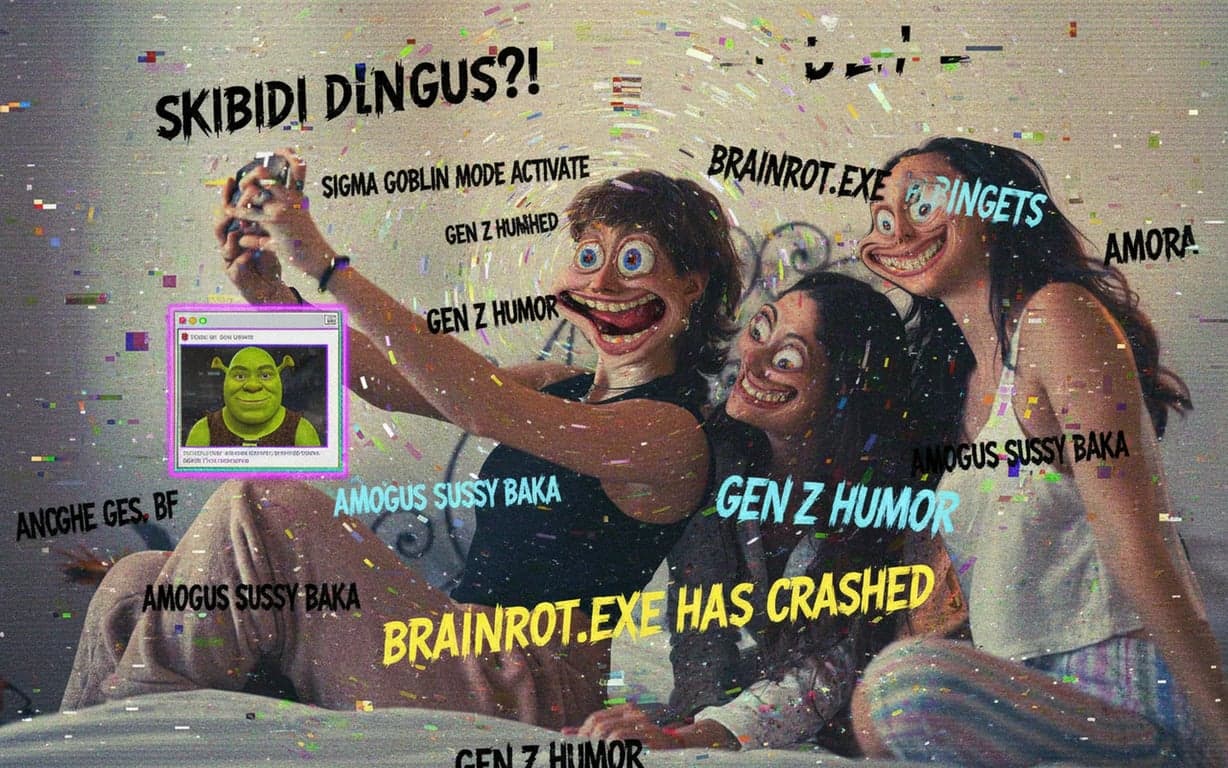a surreal meme image, brainrot aesthetic, glitch effects, distorted familiar characters, nonsensical text overlay, vibrant clash of colors.