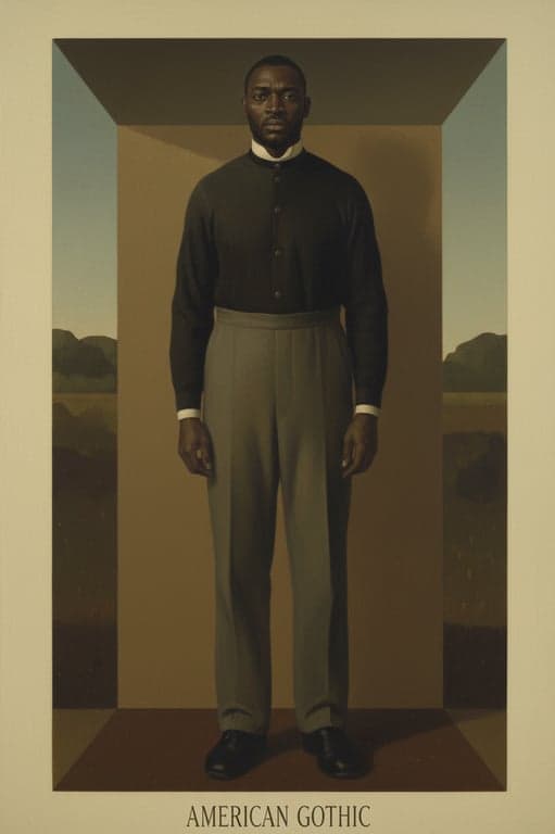 a portrait of a person rendered in a traditional American Gothic painting style featuring precise facial realism, stiff upright posture, muted natural colors, flat even lighting, minimal dramatization, and a distinctly American early-20th-century rural aesthetic