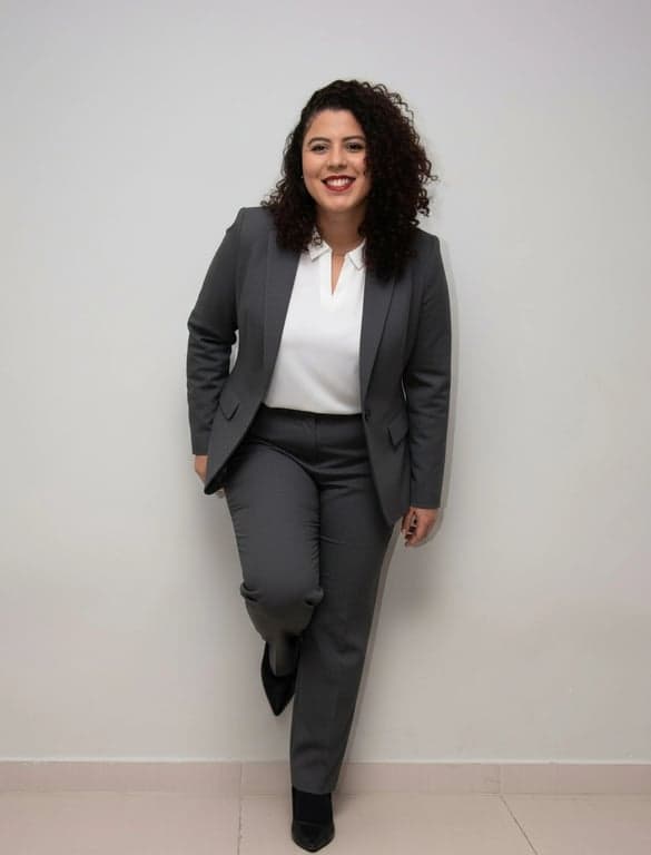 add suit to photo online free – after pic: woman in gray formal suit with white shirt, confident pose