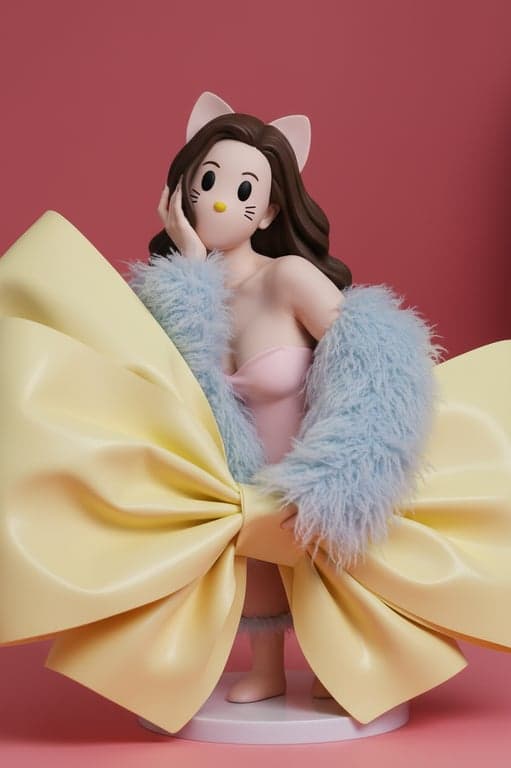 Transform the original person into a Hello Kitty parallel world 3D toy figure with a cat face. Preserve pose and outfit structure, render the character as a smooth plastic collectible with an oversized head, tiny body, glossy surfaces, minimal facial detail, and soft pastel colors.