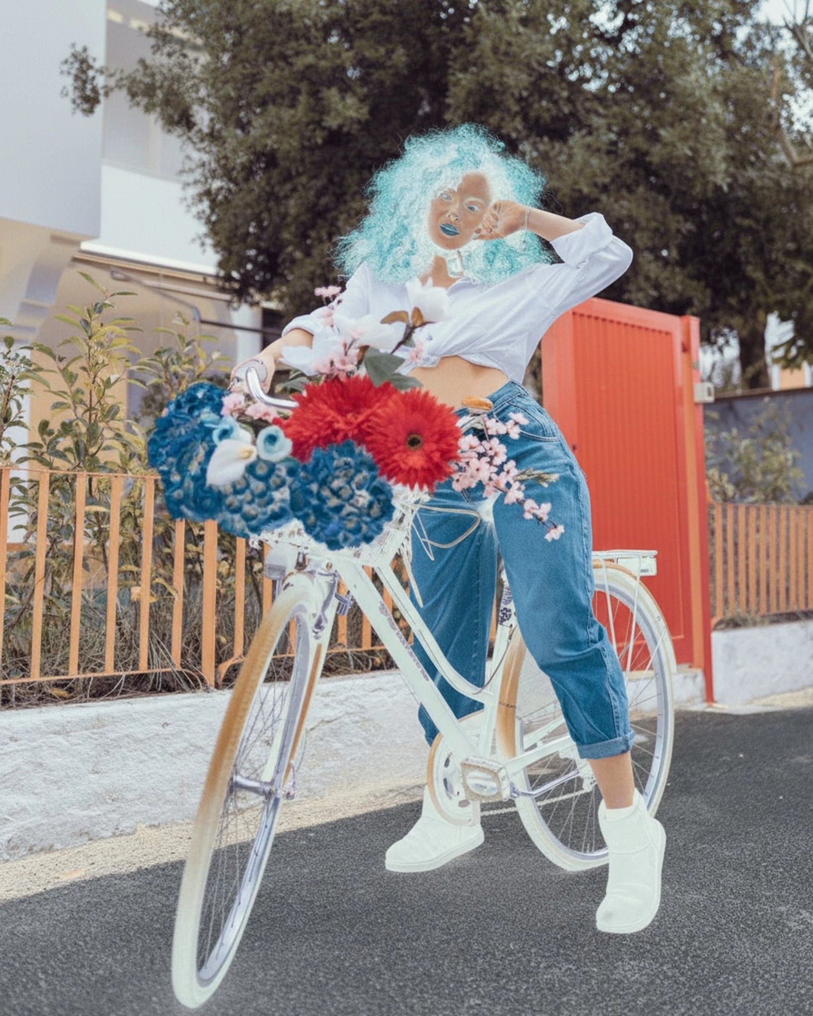 AI negative image filter after transformation - fashion portrait transformed into surreal negative artwork