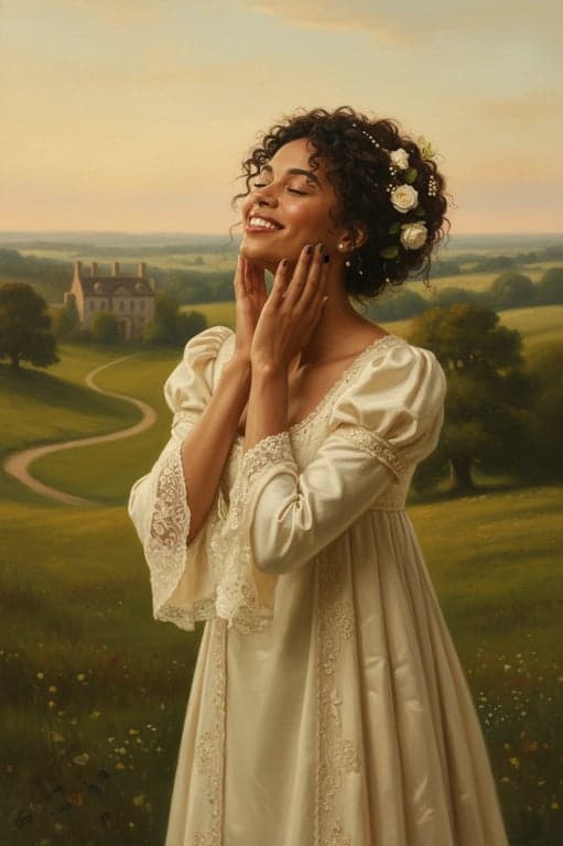 a portrait of a woman edited into a romantic period drama cinematic style, with soft diffused light, vintage costumes, and pastoral backdrop