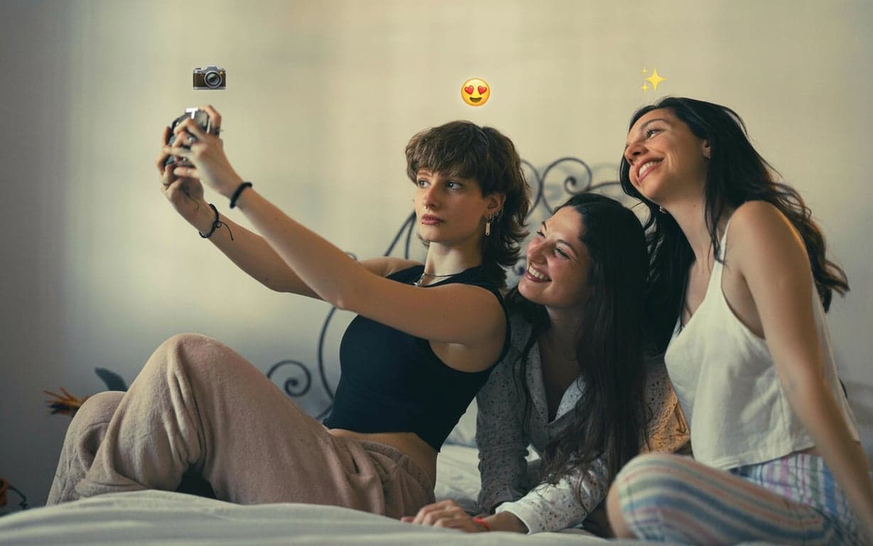 A group photo where each person has a unique, personality-matching emoji floating above their head (e.g., 🎸 for the musician, 📚 for the reader, 🏀 for the athlete).