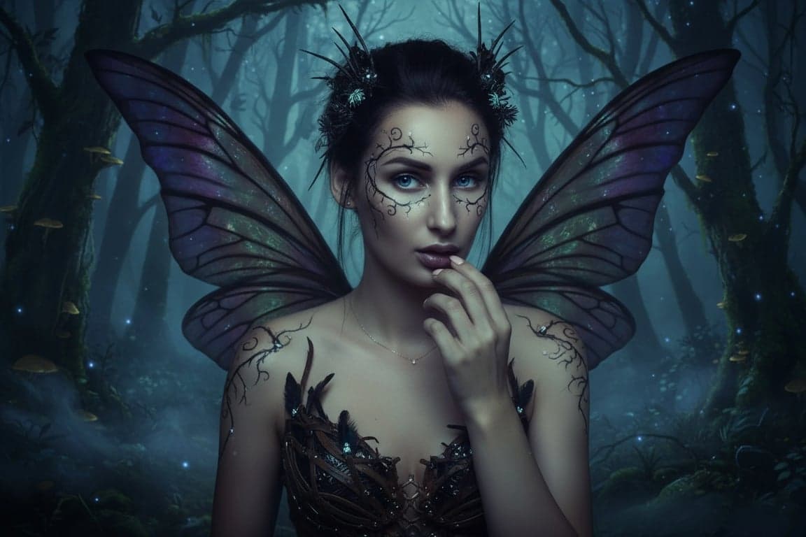 AI fairy after pic - dark fantasy fairy with golden-black wings and dramatic lighting