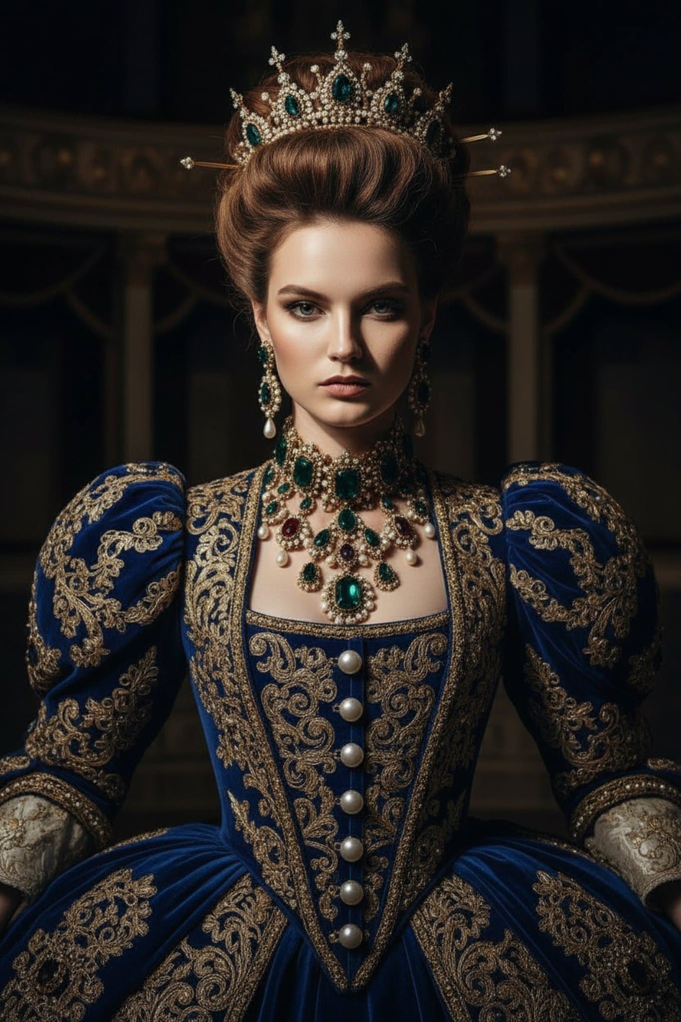Ornate royal-style gown with gold embroidery, emerald jewelry, elaborate crown and dramatic lighting.