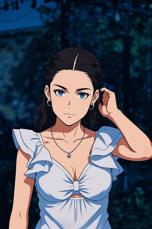 a portrait of a person transformed into a Jujutsu Kaisen–inspired anime illustration with clean sharp outlines, muted cool color palette, intense gaze, modern anime clothing, and dark atmospheric lighting