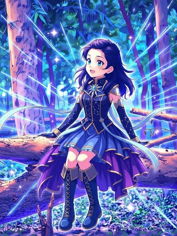 a portrait of a person edited into a sparkling magical girl transformation moment, featuring a structured magical uniform with a fitted top, decorative brooch, layered skirt, arm-length gloves, tall boots, flowing ribbons, anime motion lines, and a clean fantasy background
