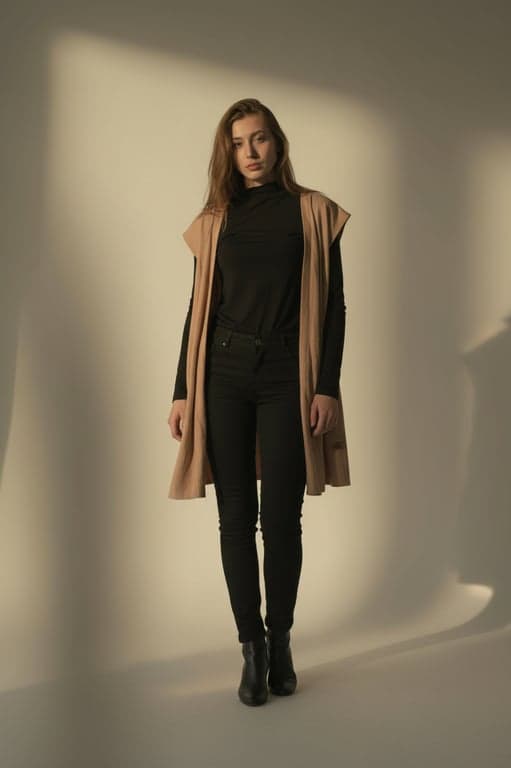 Complete the woman’s full body based on the original photo by extending downward from the visible torso. Preserve the original clothing design, fabric behavior, and color, and maintain consistent lighting and perspective so the added lower body feels physically connected rather than newly generated.