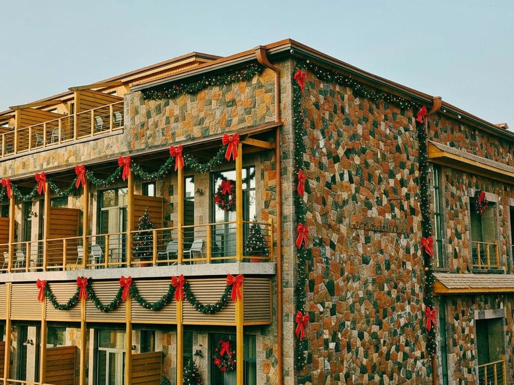 Christmas photo editor after photo - colorful wall of the apartment with Christmas decoration