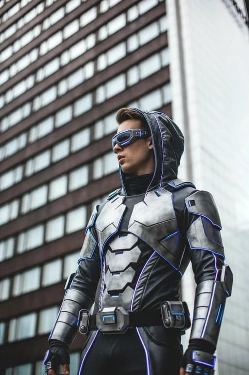a portrait of a person in a futuristic sci-fi cosplay outfit, featuring metallic fabrics, LED light elements, and cyberpunk styling