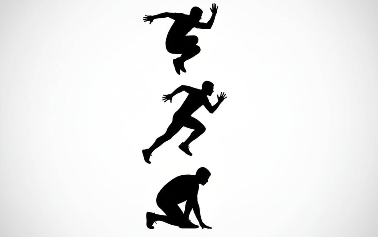 The letter "E" is formed by the silhouettes of three people: one jumping (top line), one running (middle line), and one crouching (bottom line), in a dynamic black silhouette.