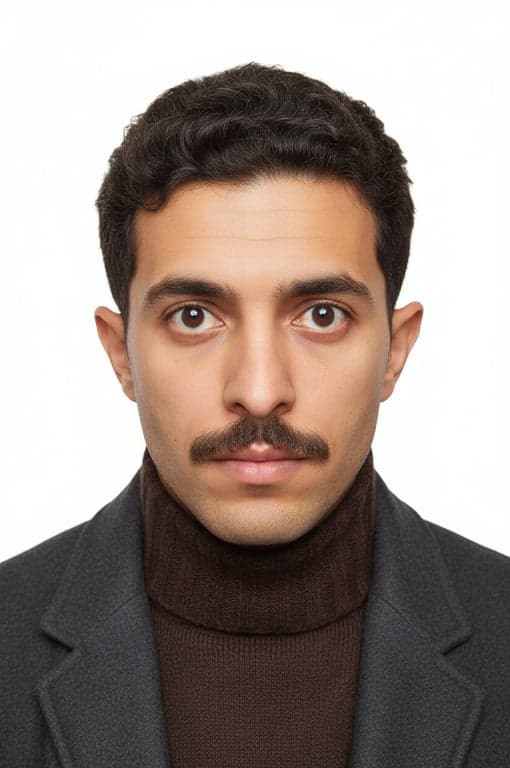a portrait of a man, official id photo compliance, correct head size ratio, uniform white background, eyes visible and open, no glare.