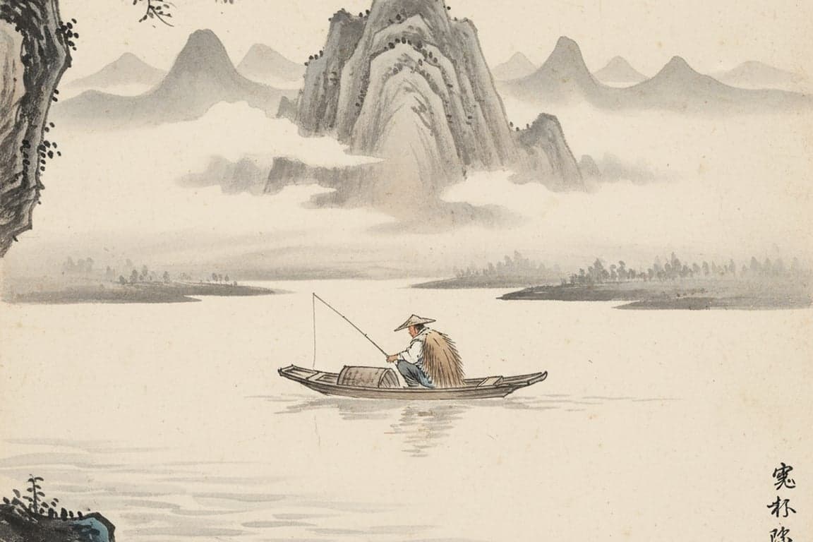 A poetic scene of a lone fisherman in a boat on a vast river, executed in the minimalist, atmospheric style of Song Dynasty ink paintings.