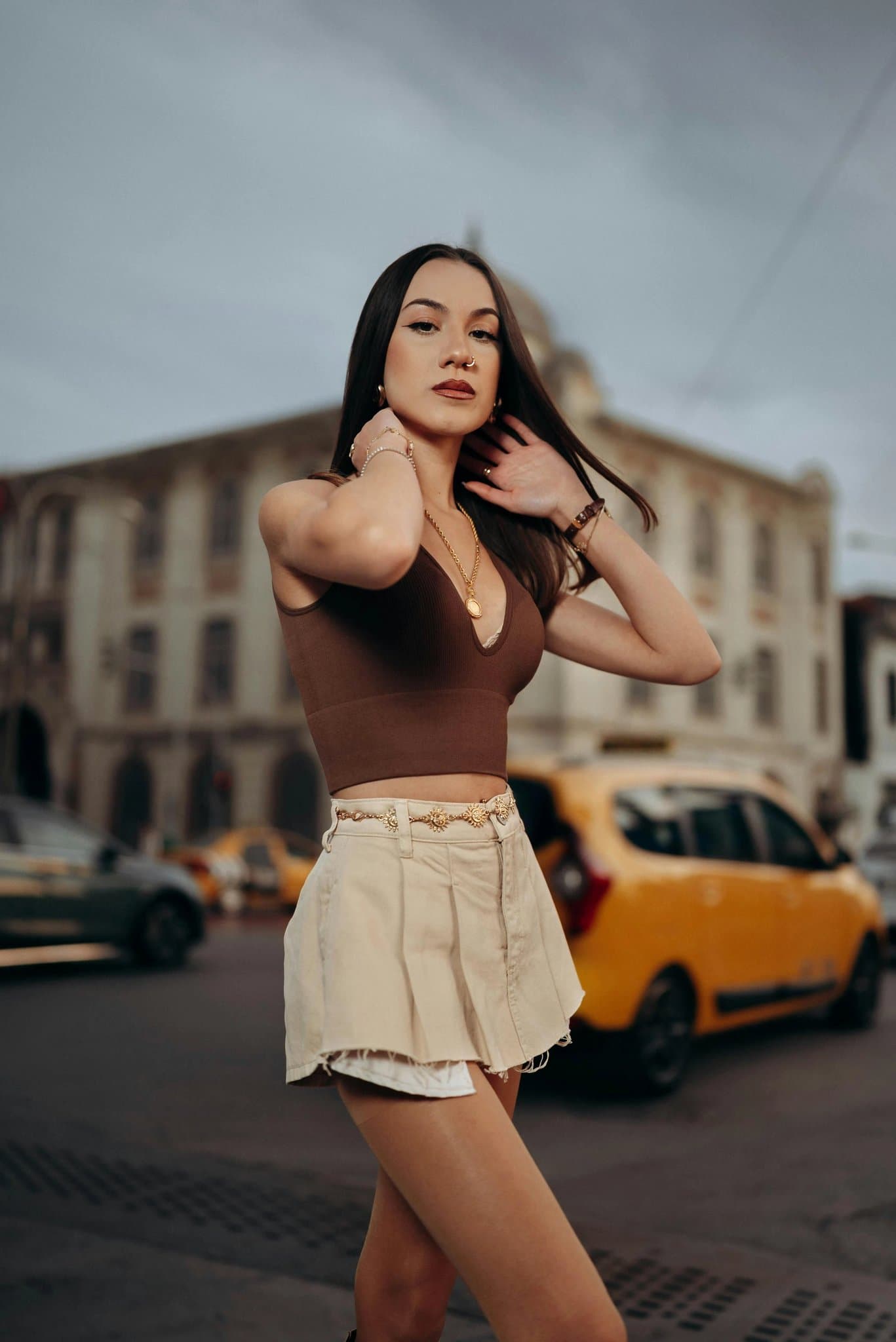 Gold Party Clothes filter before photo - neutral portrait in simple everyday clothing with any backdrop