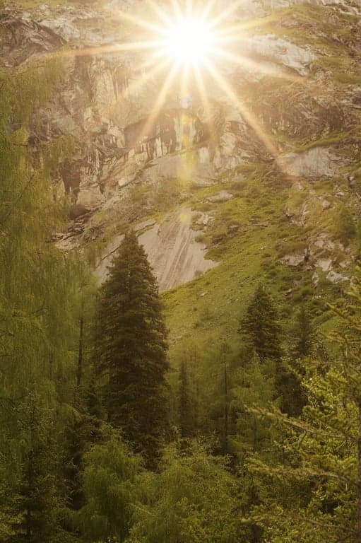 a landscape photo of a field with a realistic sun added just above the horizon, creating lens flare streaks and a warm golden glow across the scene.