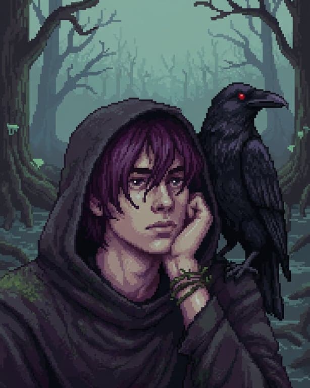 A pixel art portrait of a mysterious character who could live in the Witch's Swamp, with dark clothing, purple hair, and a raven on their shoulder.