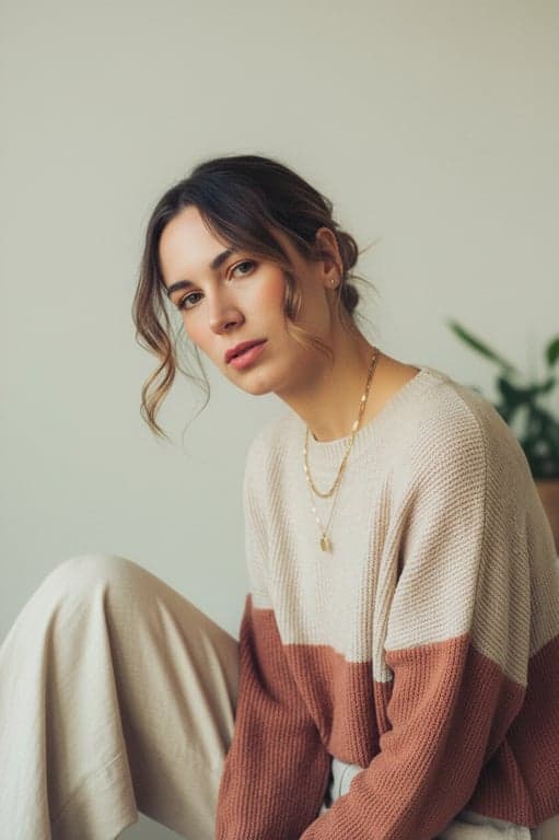 a portrait of a person styled with a casual aesthetic outfit look, soft tones, coordinated clothing impression, relaxed posture, even lighting, and minimal background