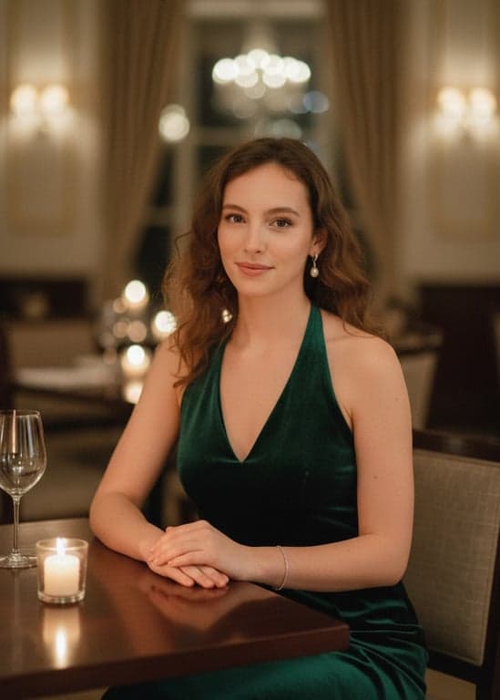 a portrait of a person in a slightly more dressed-up setting, like a nice dinner, with soft lighting and a sophisticated smile