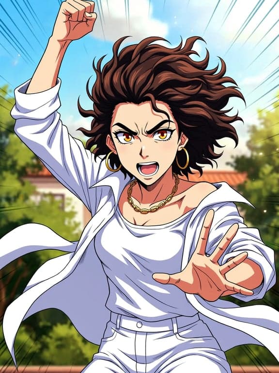 a portrait of a person edited into a shonen anime protagonist look, featuring exaggerated facial expression, sharp eyebrows, defined jawline, simplified anime facial planes, dynamic posture, and vibrant anime color palette