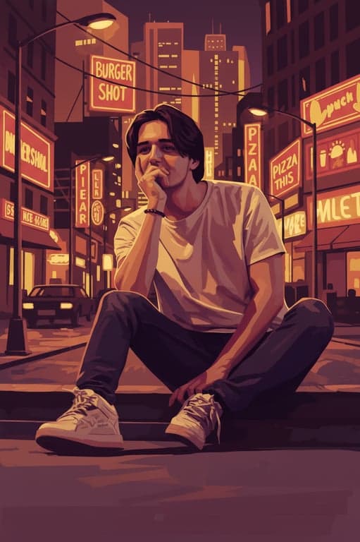 a GTA-inspired illustration that maintains the original person’s facial structure and clothing silhouette, stylizes details into sharp-edged painterly forms, applies warm saturated colors, strong shadow blocks, and a street-oriented background consistent with GTA urban aesthetics