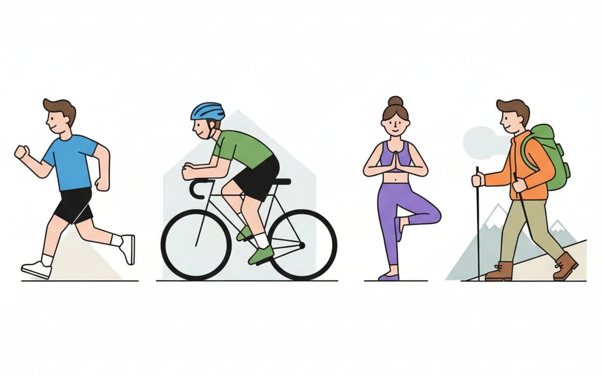 Generate active lifestyle characters. Produce clipart of people engaged in various sports, hobbies, and physical activities. a collection of active people clipart: a person running, another cycling, one practicing yoga, and one hiking, each in dynamic poses with simple athletic attire.