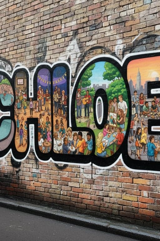 A graffiti-style tag of a name, where the letters are filled with miniature scenes of people (skating, talking, playing music) relevant to the name's owner.